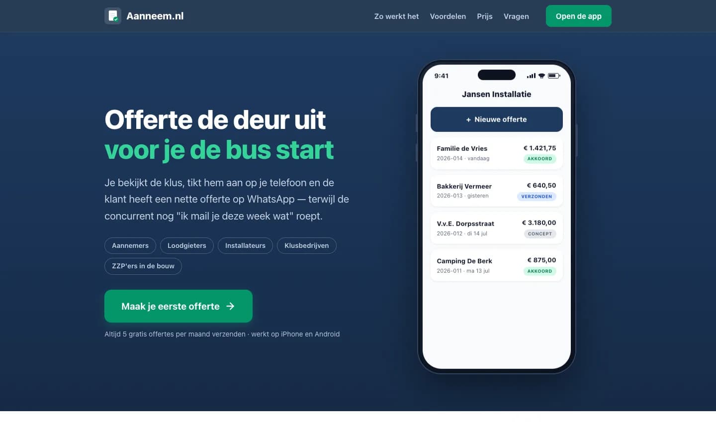 Startseite von Aanneem.nl mit einem Smartphone, das ein Angebot zeigt.