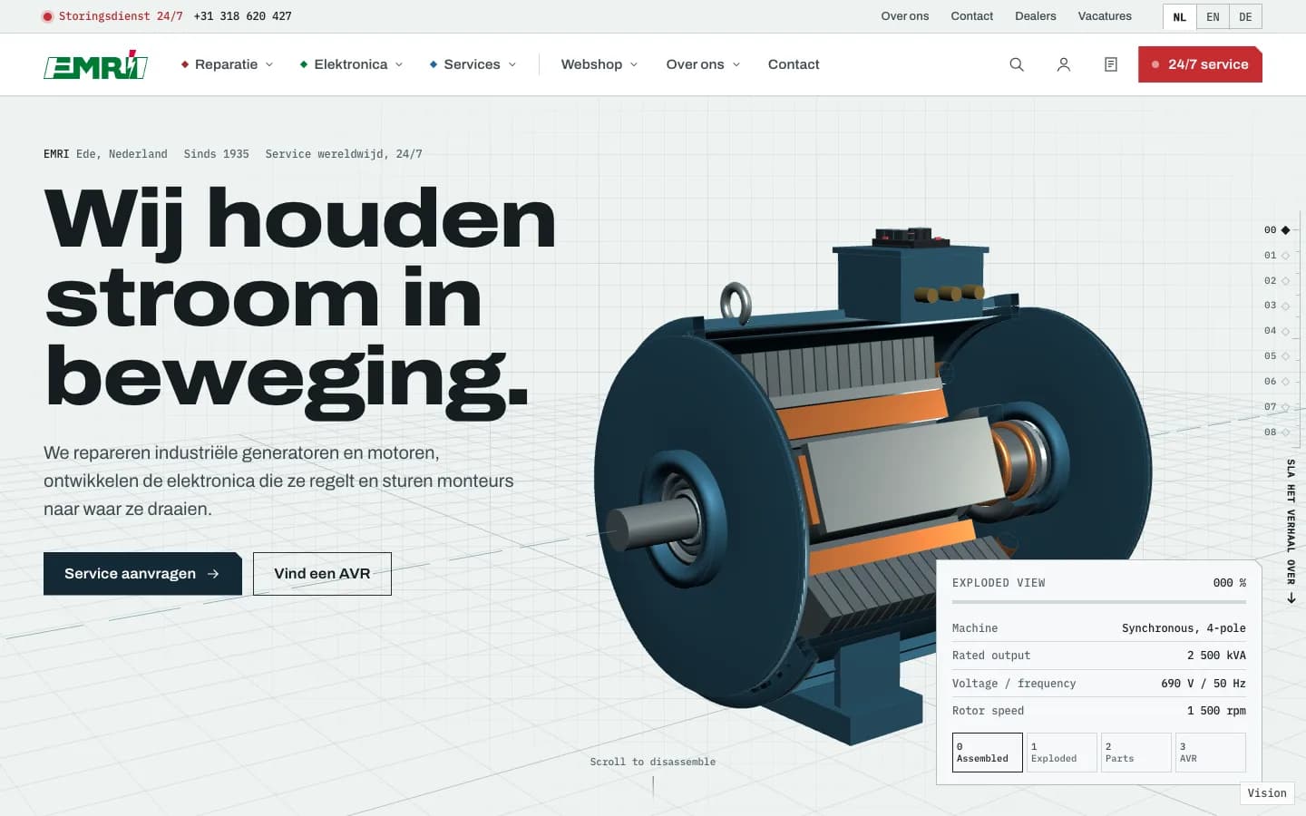 Demo-Startseite für EMRI mit einem 3D-Generator in Explosionsdarstellung.