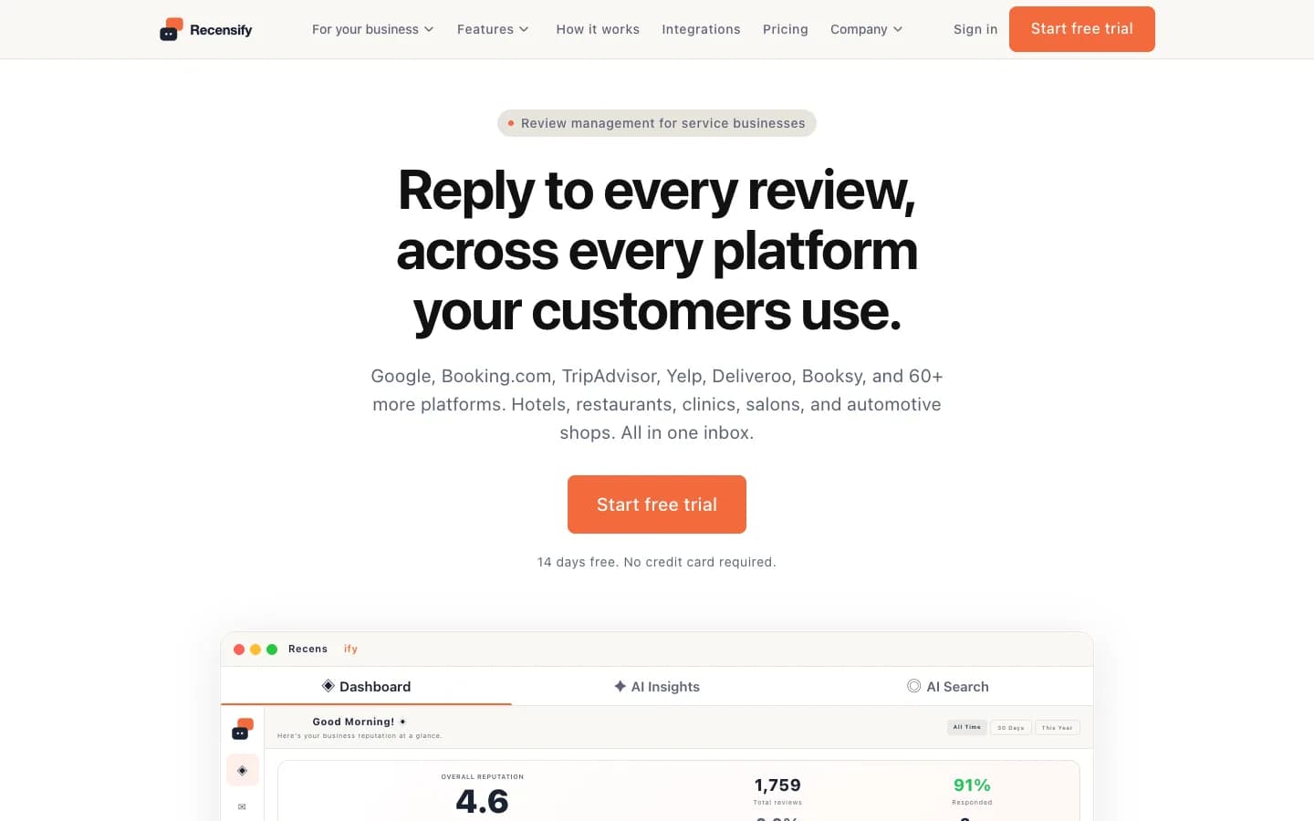 Startseite von Recensify mit einem Bewertungs-Dashboard.