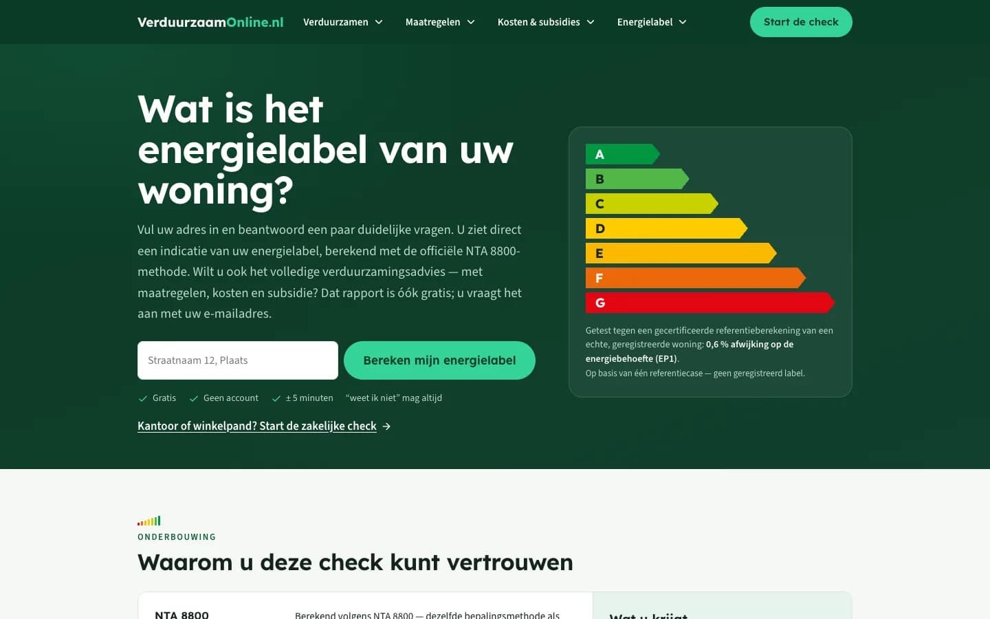 Startseite von VerduurzaamOnline.nl mit einer Energielabel-Grafik.