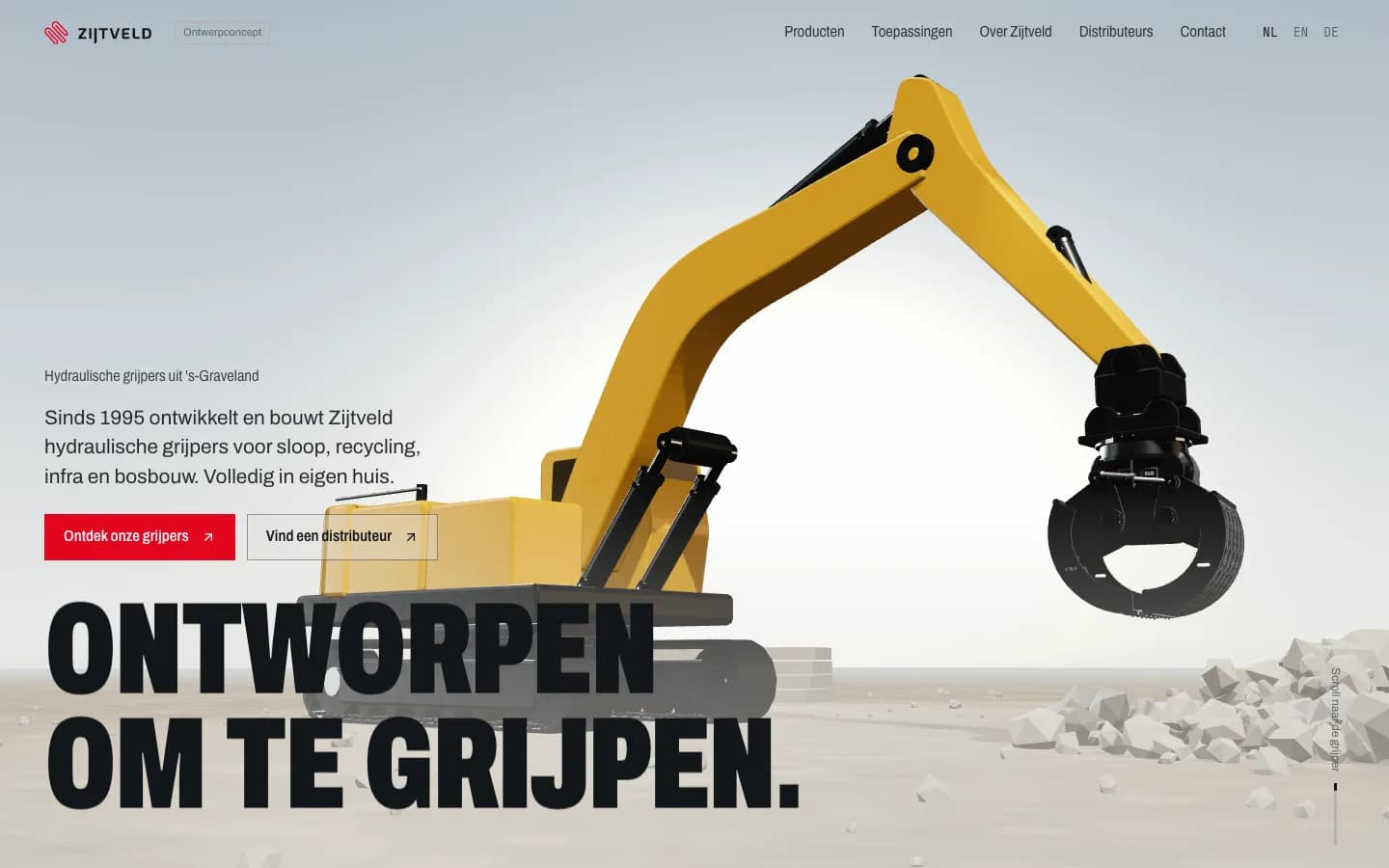 Demo-Startseite für Zijtveld Grijpers mit einem 3D-Bagger und Greifer.
