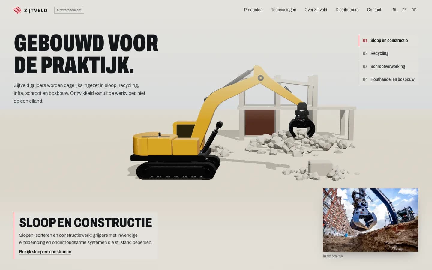 3D demolition scene with an excavator and grab.