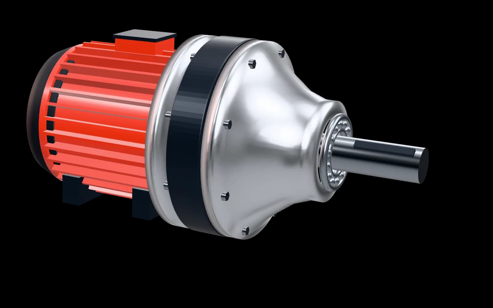 Ein Planetengetriebe mit rotem Motor und gefrästem Aluminiumgehäuse, ausgeleuchtet wie ein Studio-Produktfoto.